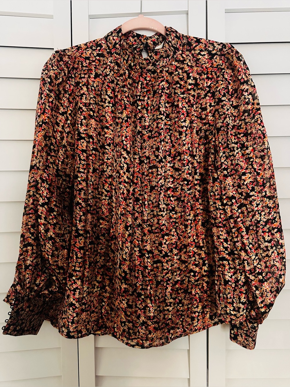 H&M Floral Pintuck Long-Sleeve Blouse in Black & Rust